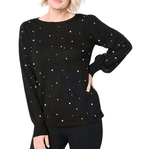 Dennis Basso Black Knit Sweater With Pearls Embellished Coquette Boho Nwot